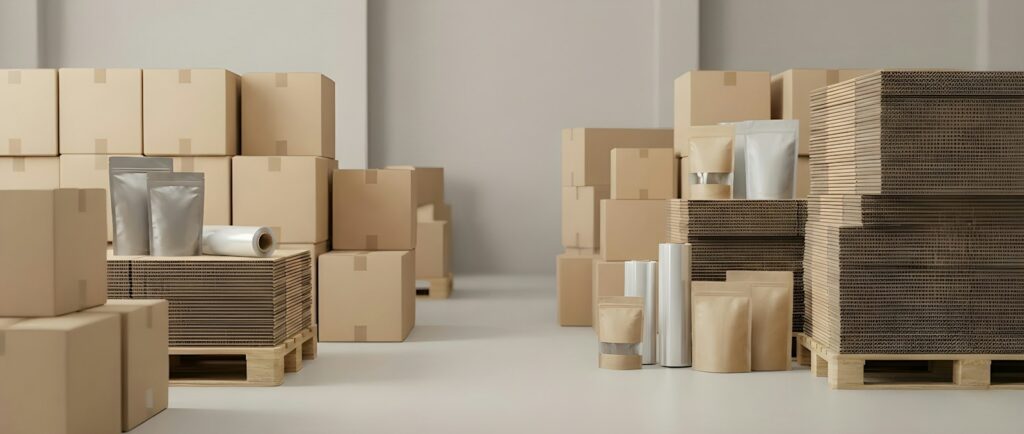 Cardboard boxes and packaging supplies stacked in a warehouse, the finished products of box manufacturing